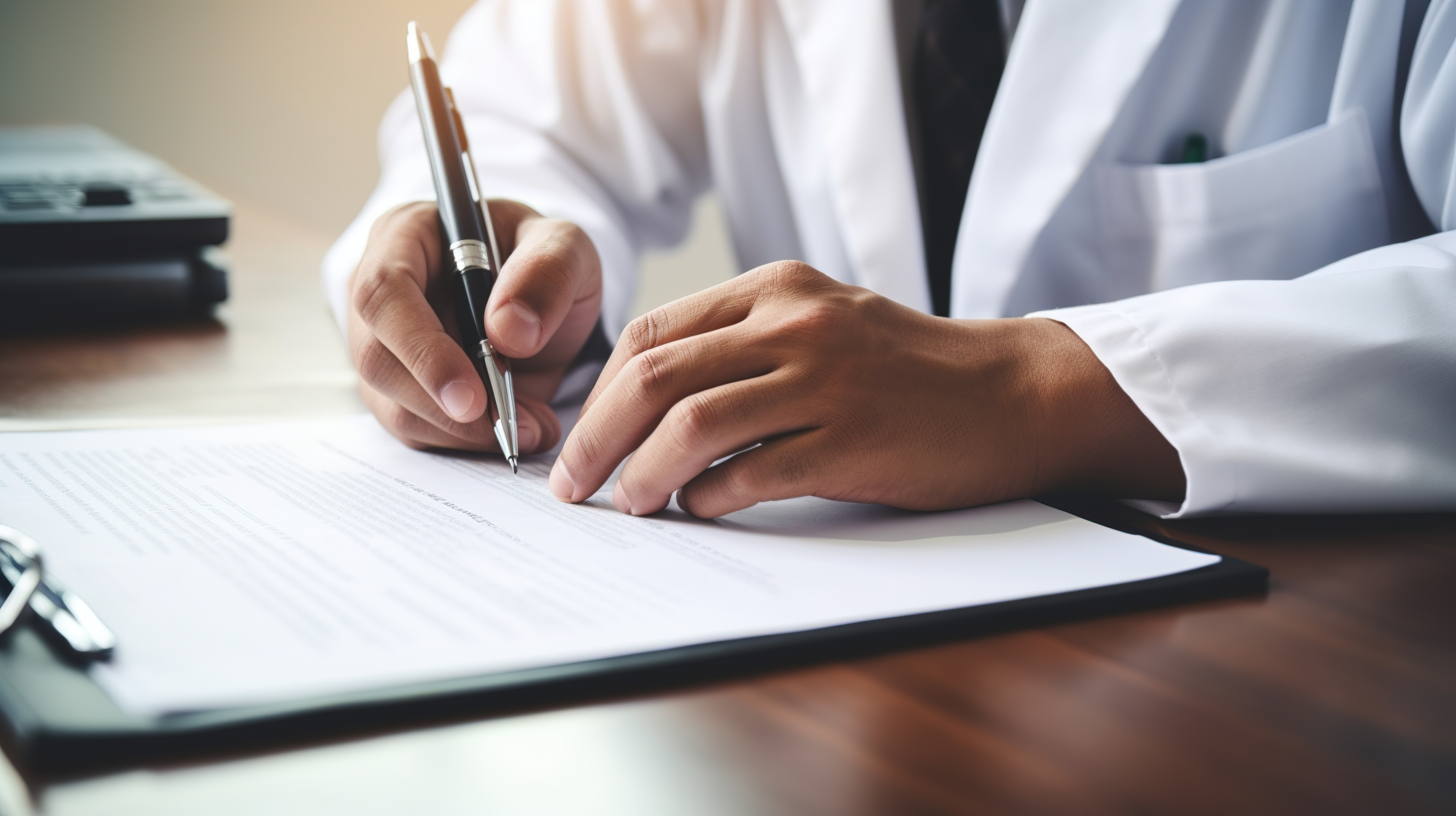 doctor hands writing on medicare document.