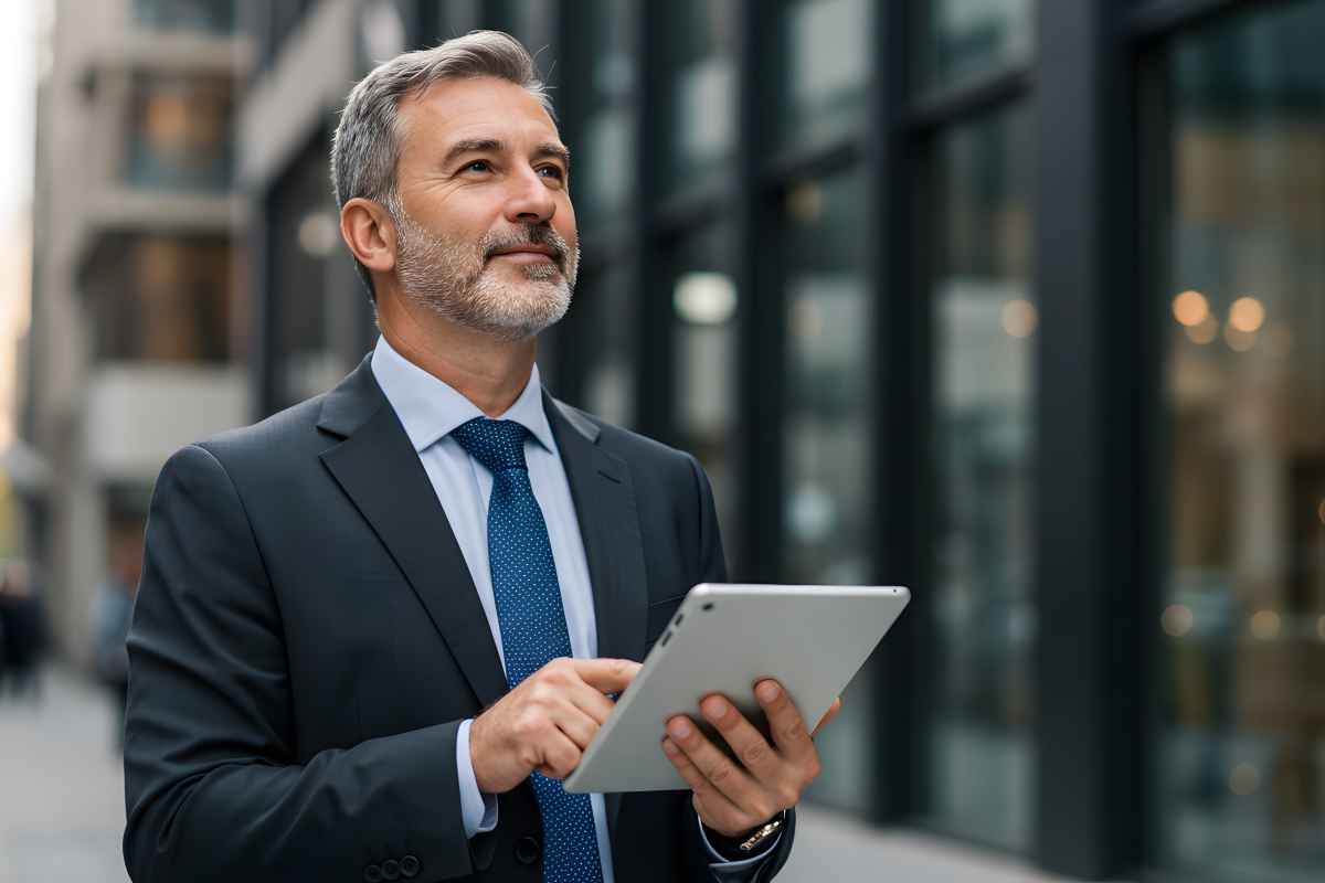 A confident businessman thoughtfully reviewing his digital tablet on a bustling city street, bathed in soft urban light.